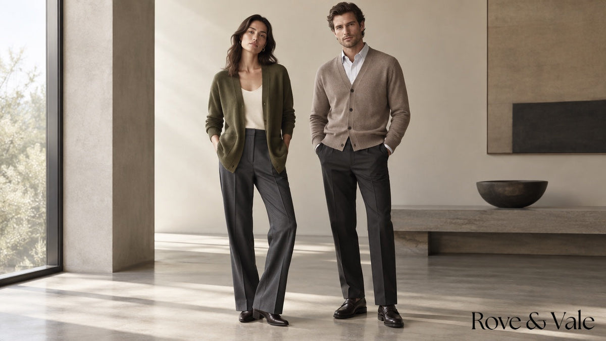 Two adults styling cardigans with a plain top and a collared shirt.