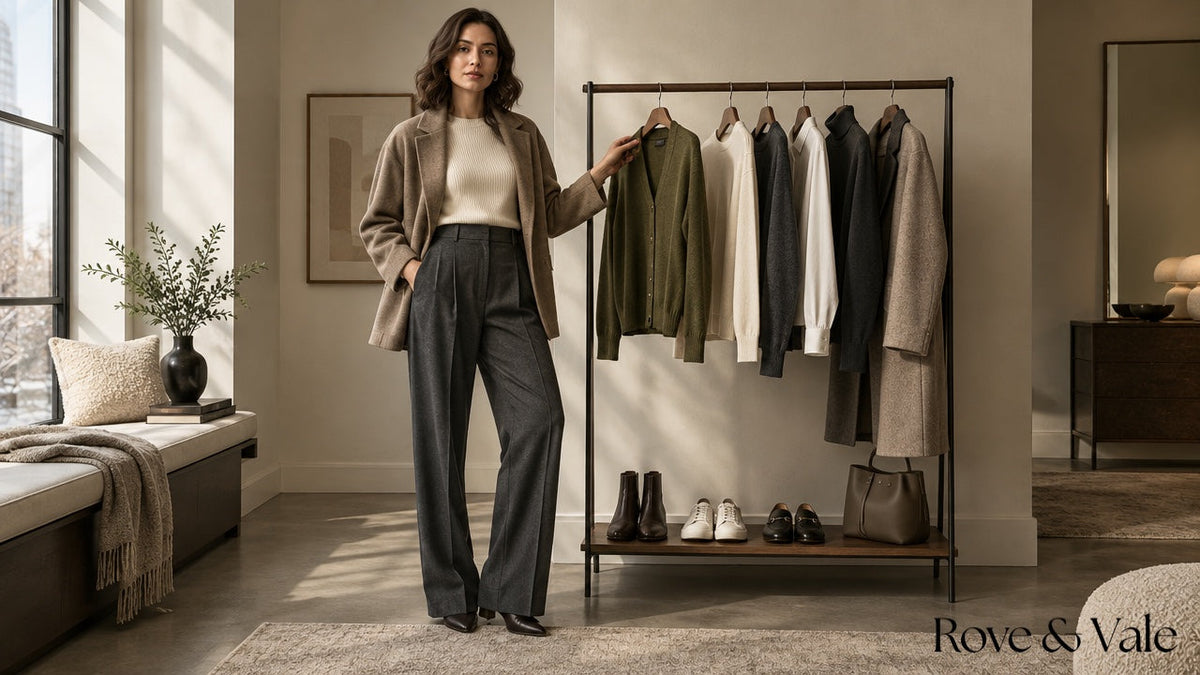 A woman selecting a cardigan from a small coordinated winter capsule wardrobe.