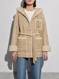 Women's Jacket Hooded Shearling Trim in Light Khaki — Mid-Length Torso Fit View