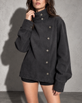 Women's Washed Black Asymmetrical Coat with Mock Neck