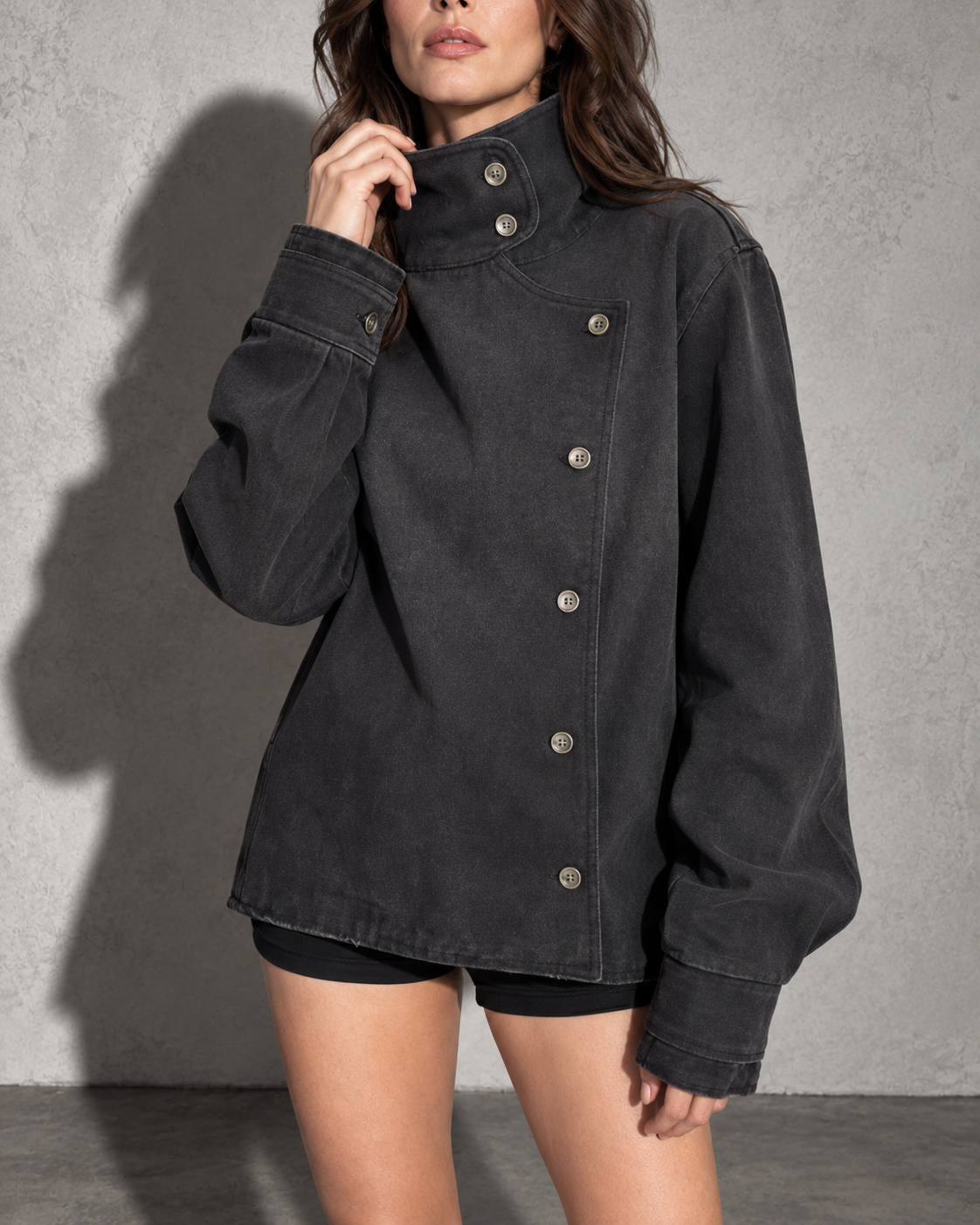 Women's Washed Black Asymmetrical Coat with Mock Neck