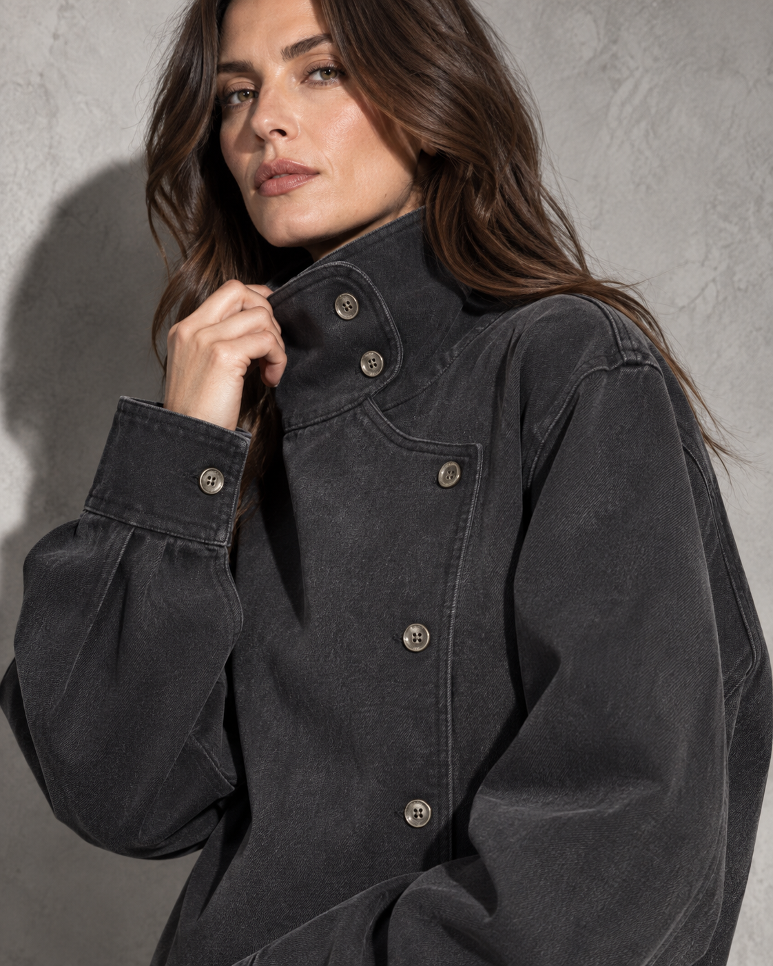 Women's Washed Black Asymmetrical Coat with Mock Neck