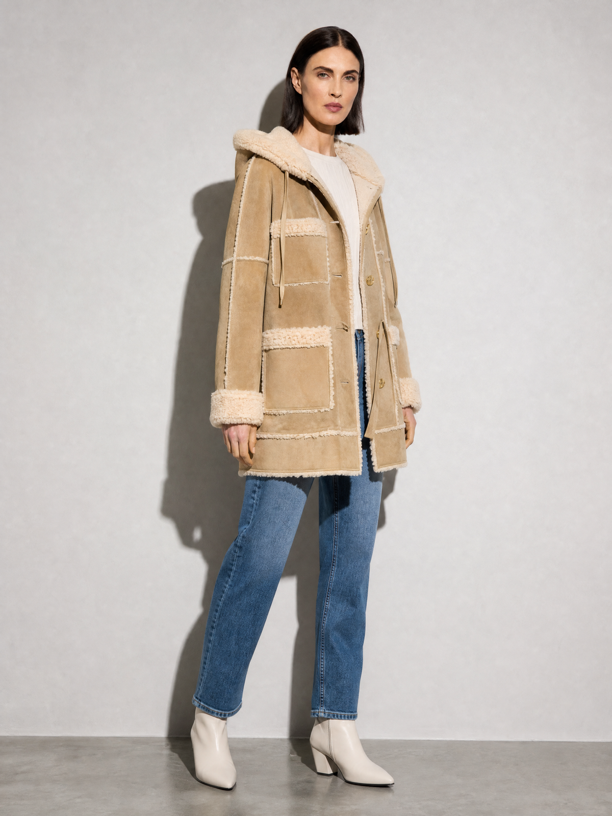 Women's Jacket Hooded Shearling Trim in Light Khaki — On-Model Front Angle