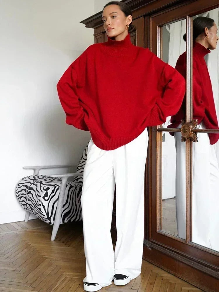 Women's Sweater High Neck Oversized Ribbed Hem