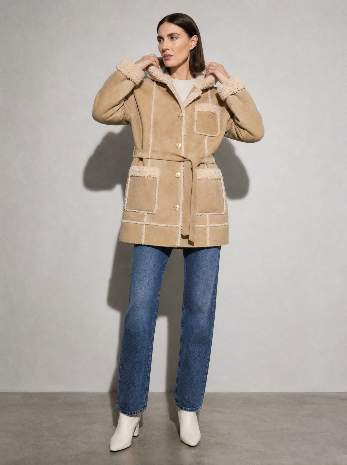 Women's Jacket Hooded Shearling Trim in Light Khaki — Action & Wear Detail