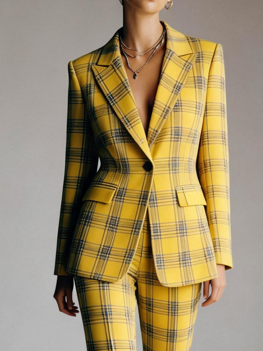 Women's Waist High Waisted Buttoned Contrast Color Plaid Split-Joint Notched Collar