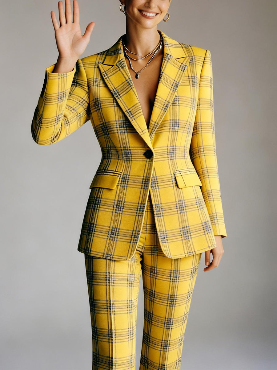 Women's Waist High Waisted Buttoned Contrast Color Plaid Split-Joint Notched Collar