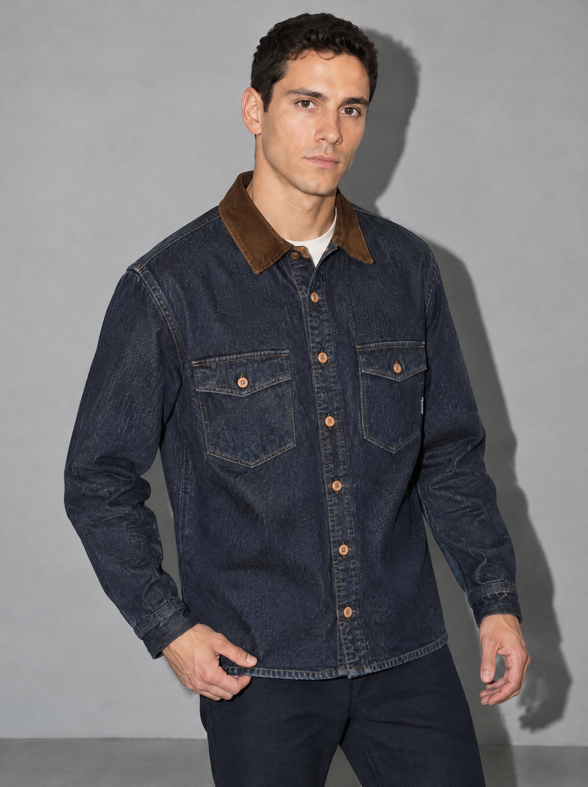 Men's Jacket Denim Corduroy Collar Pocket Front - denim-blue adjusting