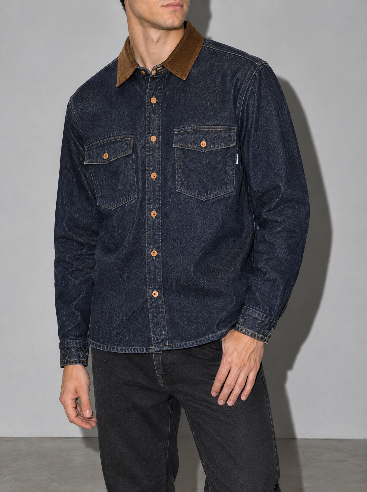Men's Jacket Denim Corduroy Collar Pocket Front - denim-blue bust to thigh