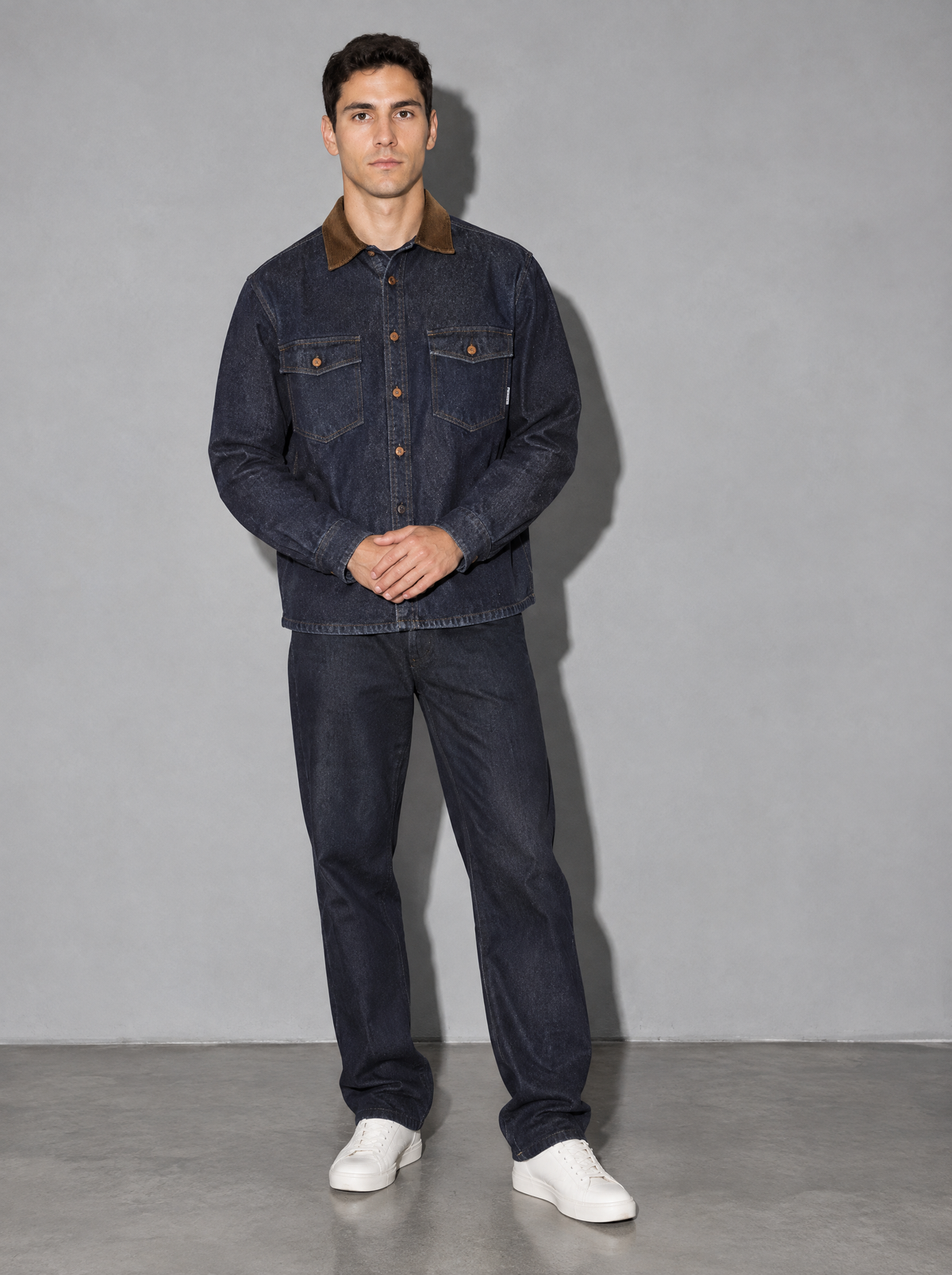 Men's Jacket Denim Corduroy Collar Pocket Front - denim-blue main
