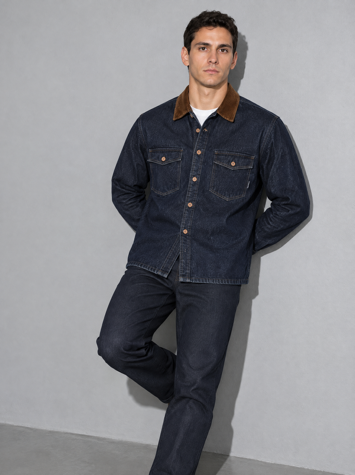 Men's Jacket Denim Corduroy Collar Pocket Front - denim-blue seated or lean
