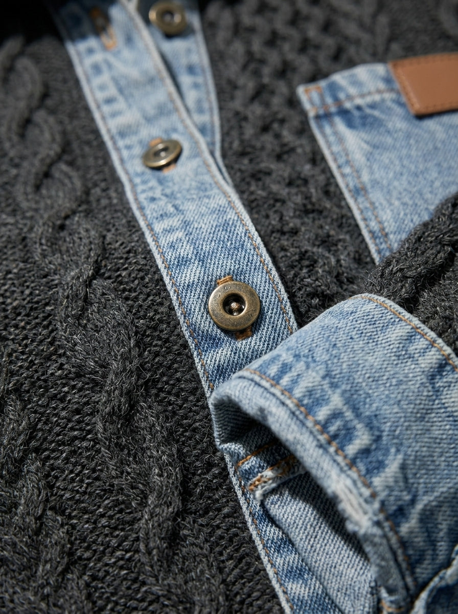 Women's Top Cable Knit Denim Patchwork — Sleeve & Cuff Detail