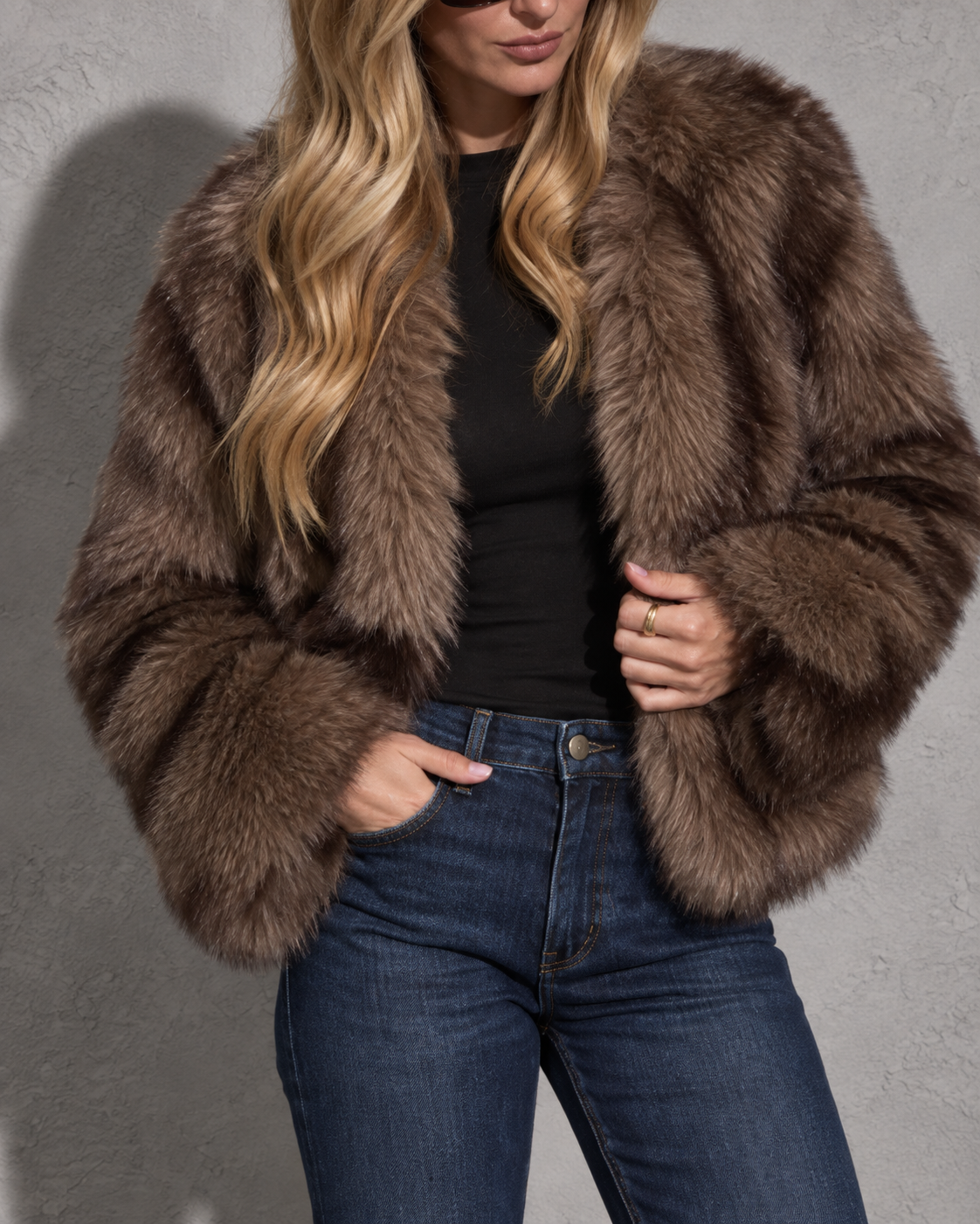Women's Jacket Faux Fur Plush Collar Hip Length
