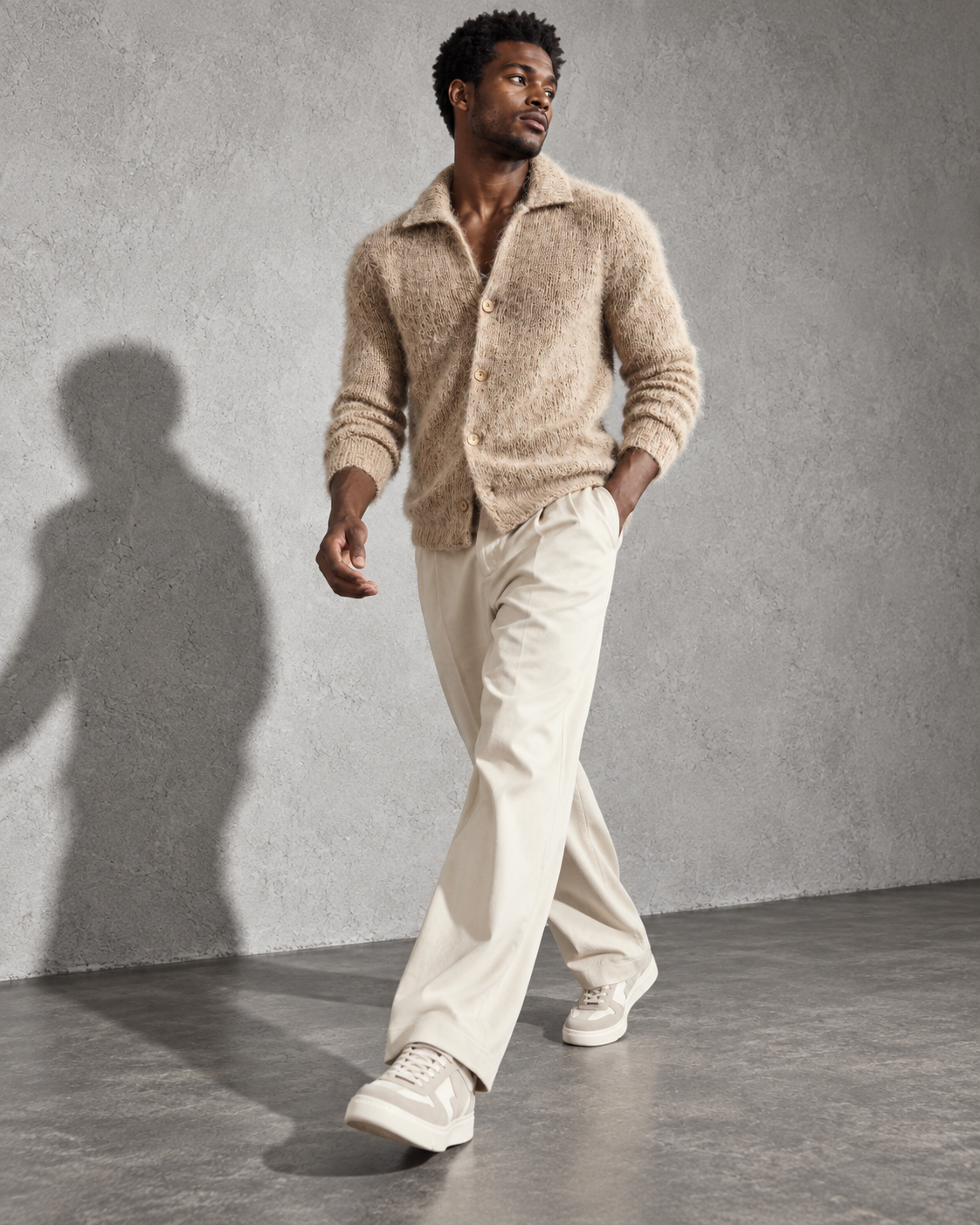Men's Cardigan Brushed Knit Spread Collar Button Front
