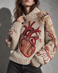 Women's Sweater Chunky Knit Anatomical Heart Motif