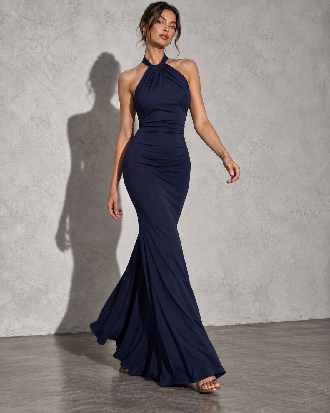 Women's Slinky Halter Maxi Dress with Ruched Detail