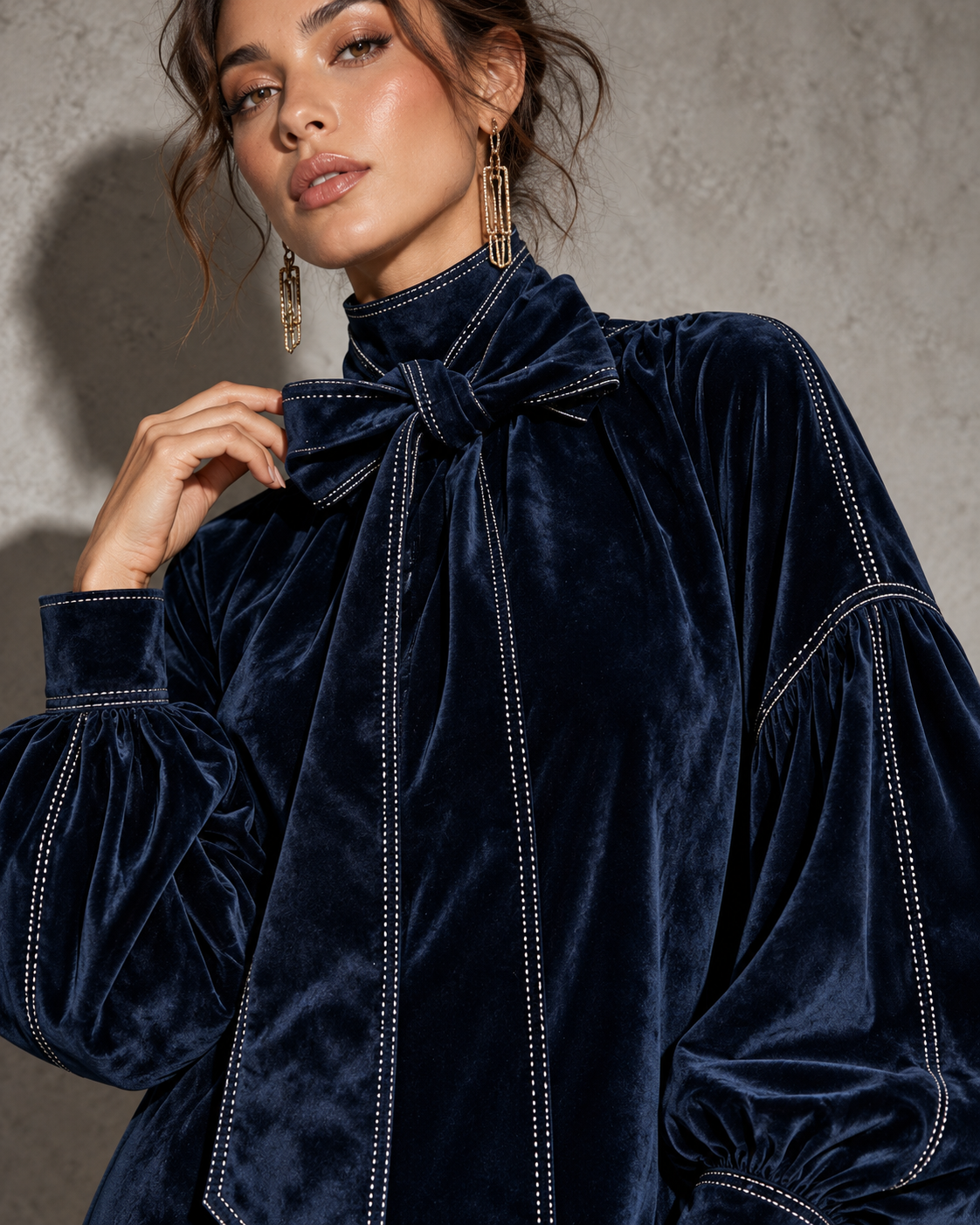 Women's Velvet Mini Dress with Bow and Lantern Sleeves