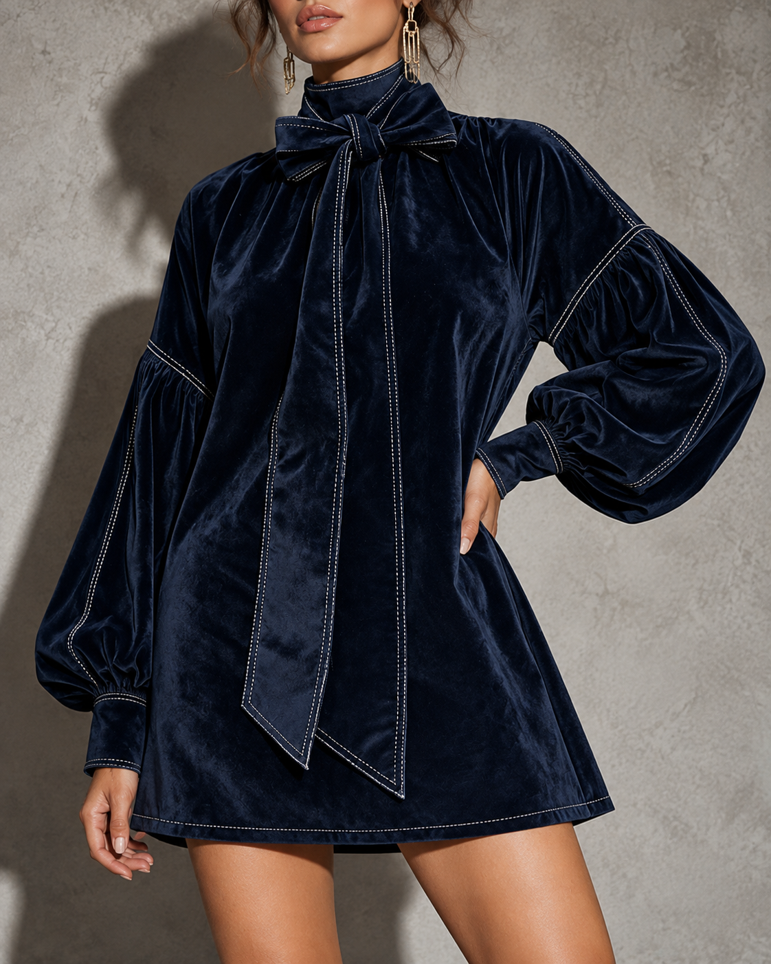 Women's Velvet Mini Dress with Bow and Lantern Sleeves