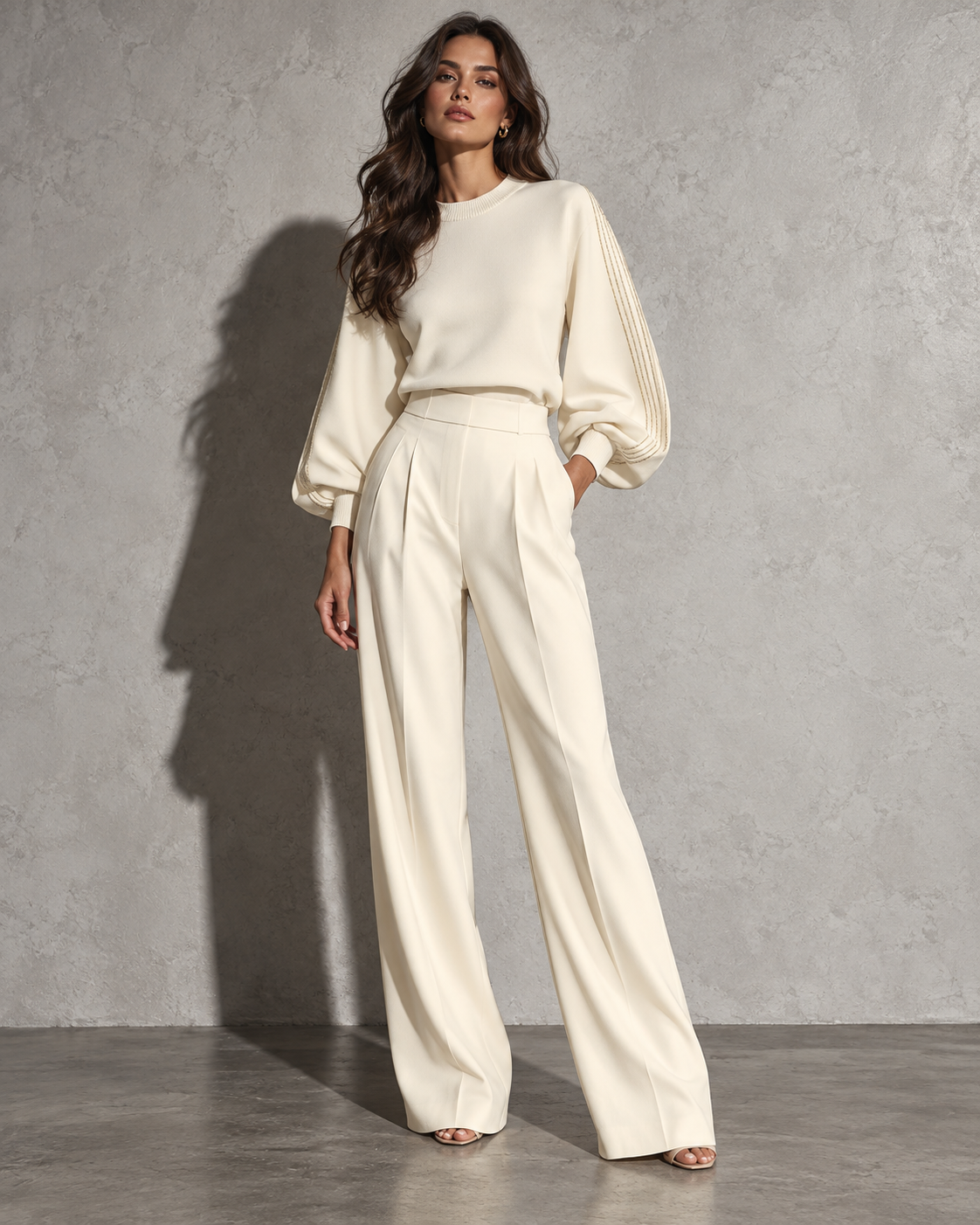 Women's Clothing Set with Ribbed Crew Neck Top and Wide-Leg Pants
