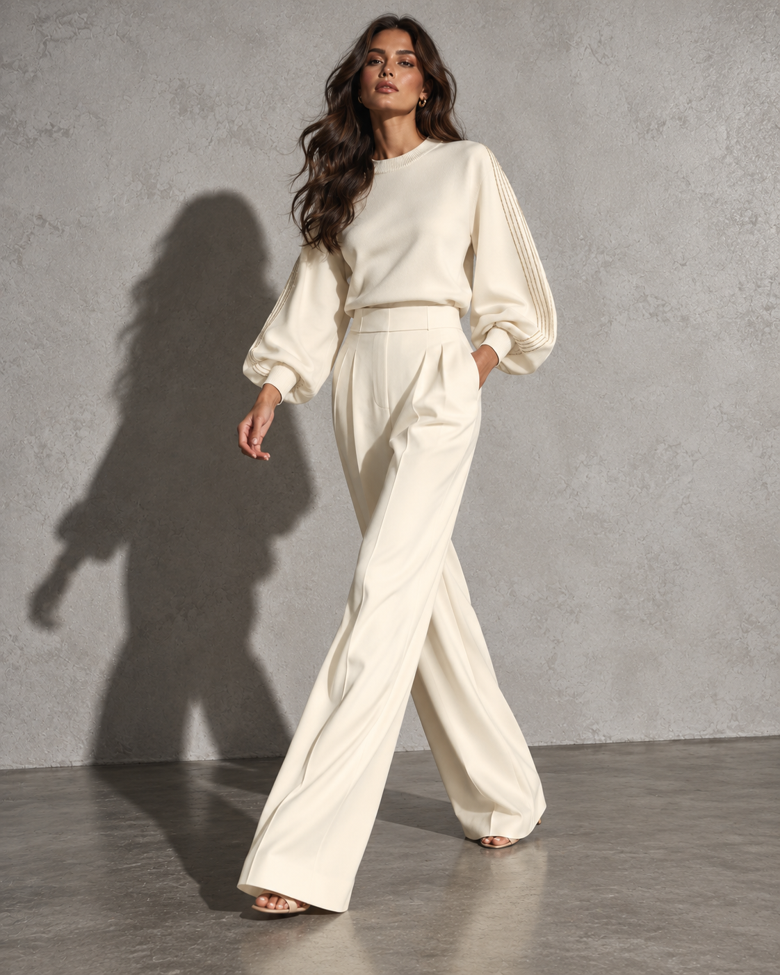 Women's Clothing Set with Ribbed Crew Neck Top and Wide-Leg Pants