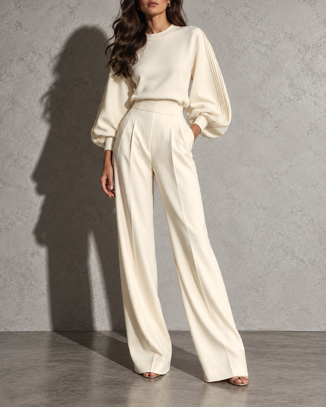Women's Clothing Set with Ribbed Crew Neck Top and Wide-Leg Pants