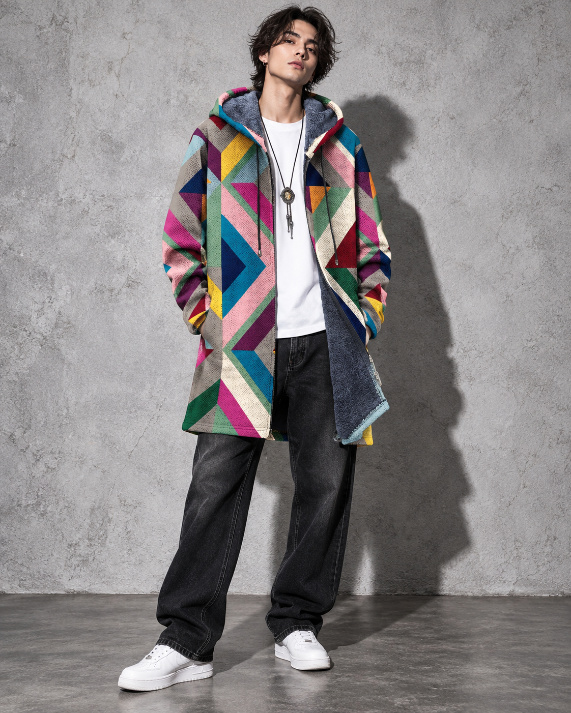 Unisex Hooded Cardigan with Zip Front and Geometric Pattern