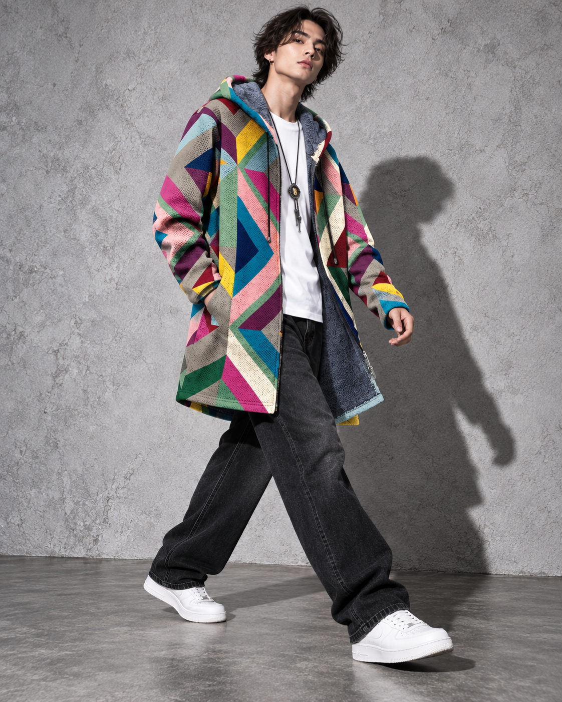 Unisex Hooded Cardigan with Zip Front and Geometric Pattern
