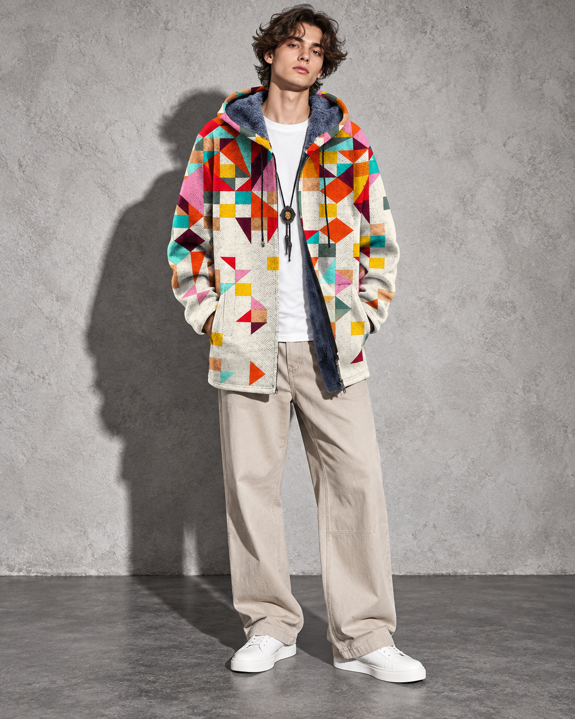 Unisex Hooded Cardigan with Zip Front and Geometric Pattern