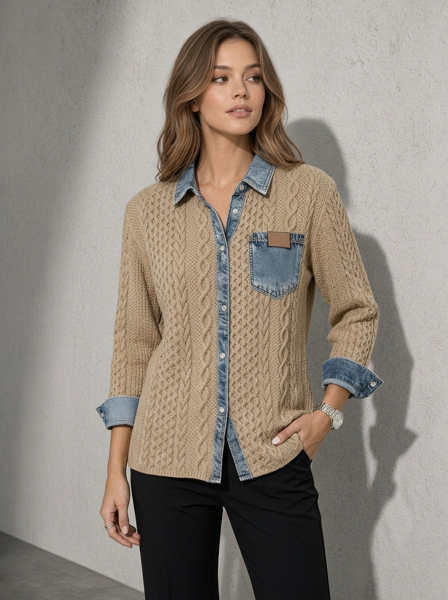 Women's Top Cable Knit Denim Patchwork in Beige — Front Studio View