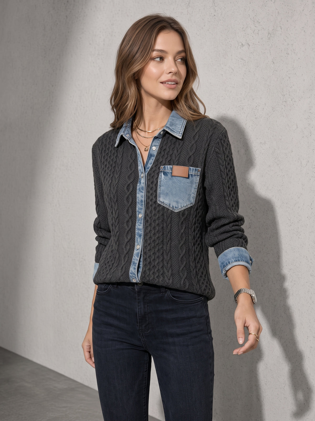 Women's Top Cable Knit Denim Patchwork in Gray — On-Model Front Angle