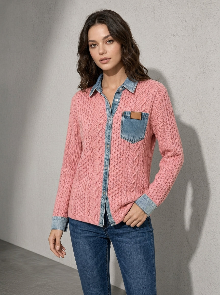 Women's Top Cable Knit Denim Patchwork in Pink — Side Profile View