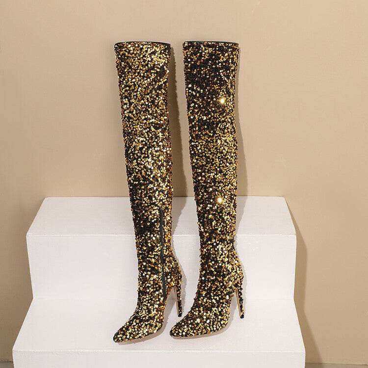 Women's Boots Thigh High Sequin Stiletto Pointed Toe