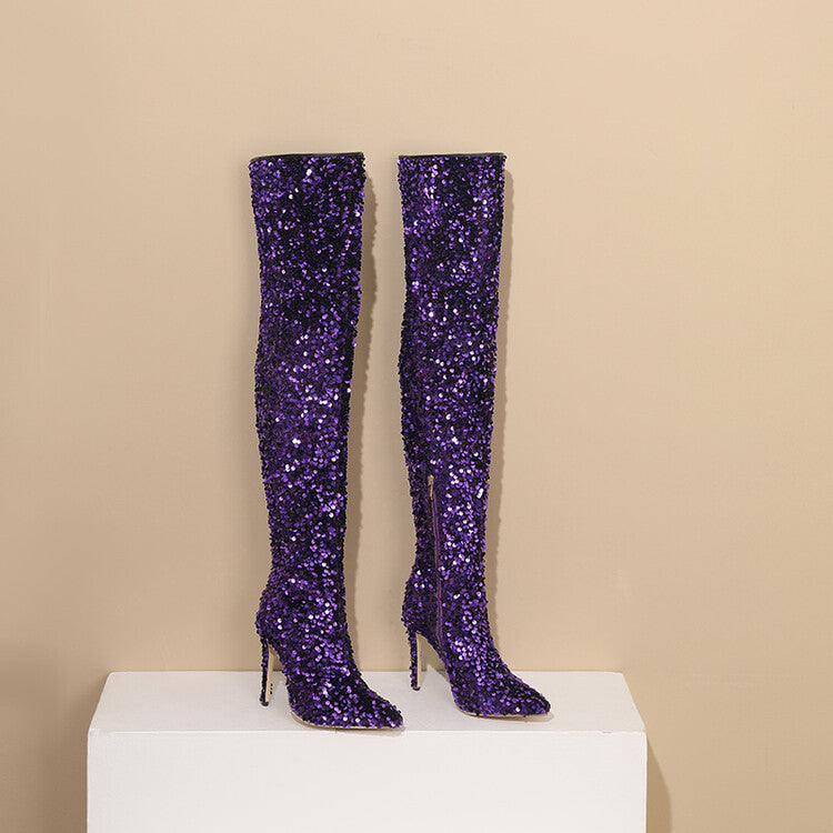 Women's Boots Thigh High Sequin Stiletto Pointed Toe