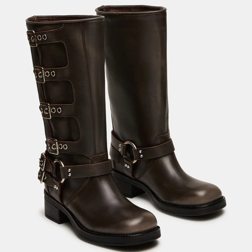 Women's Boots Biker Knee High Buckle Straps O Ring