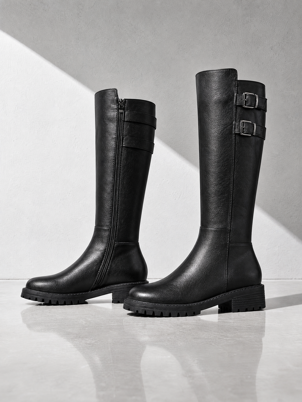 Retro Chunky-Soled High-Cut Equestrian Boots For Women - Black - outer side profile