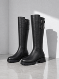 Retro Chunky-Soled High-Cut Equestrian Boots For Women - Black - complete pair, front three-quarter
