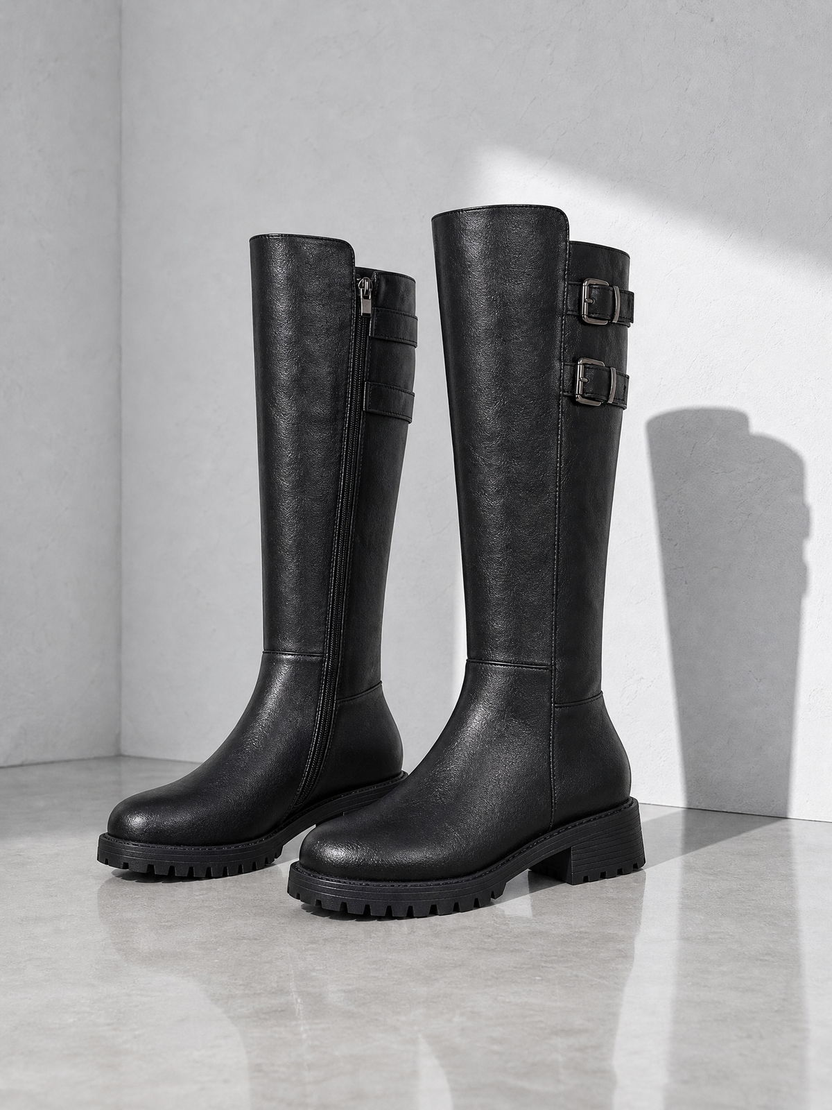 Retro Chunky-Soled High-Cut Equestrian Boots For Women - Black - complete pair, front three-quarter