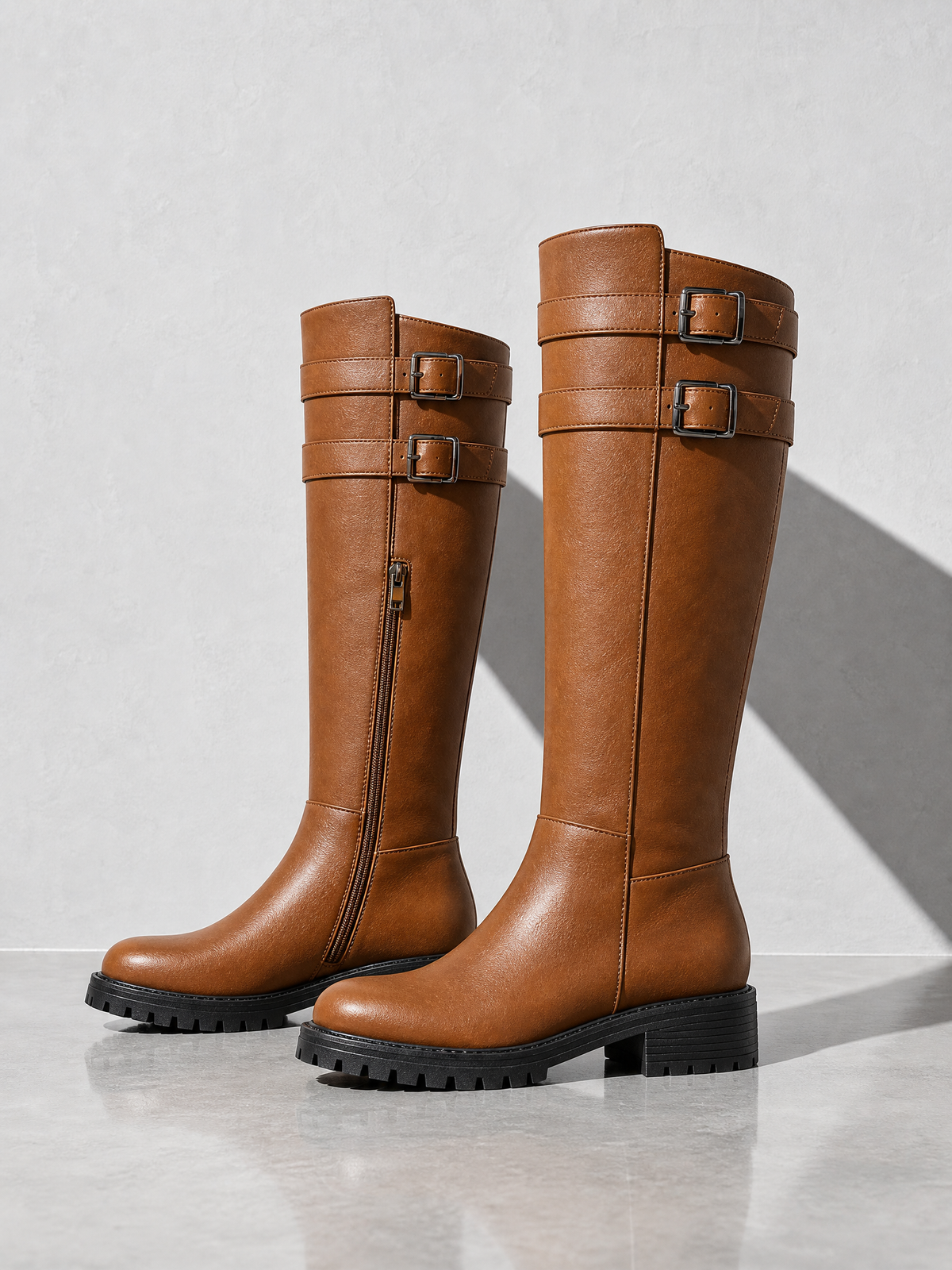 Retro Chunky-Soled High-Cut Equestrian Boots For Women - Dark Brown - outer side profile