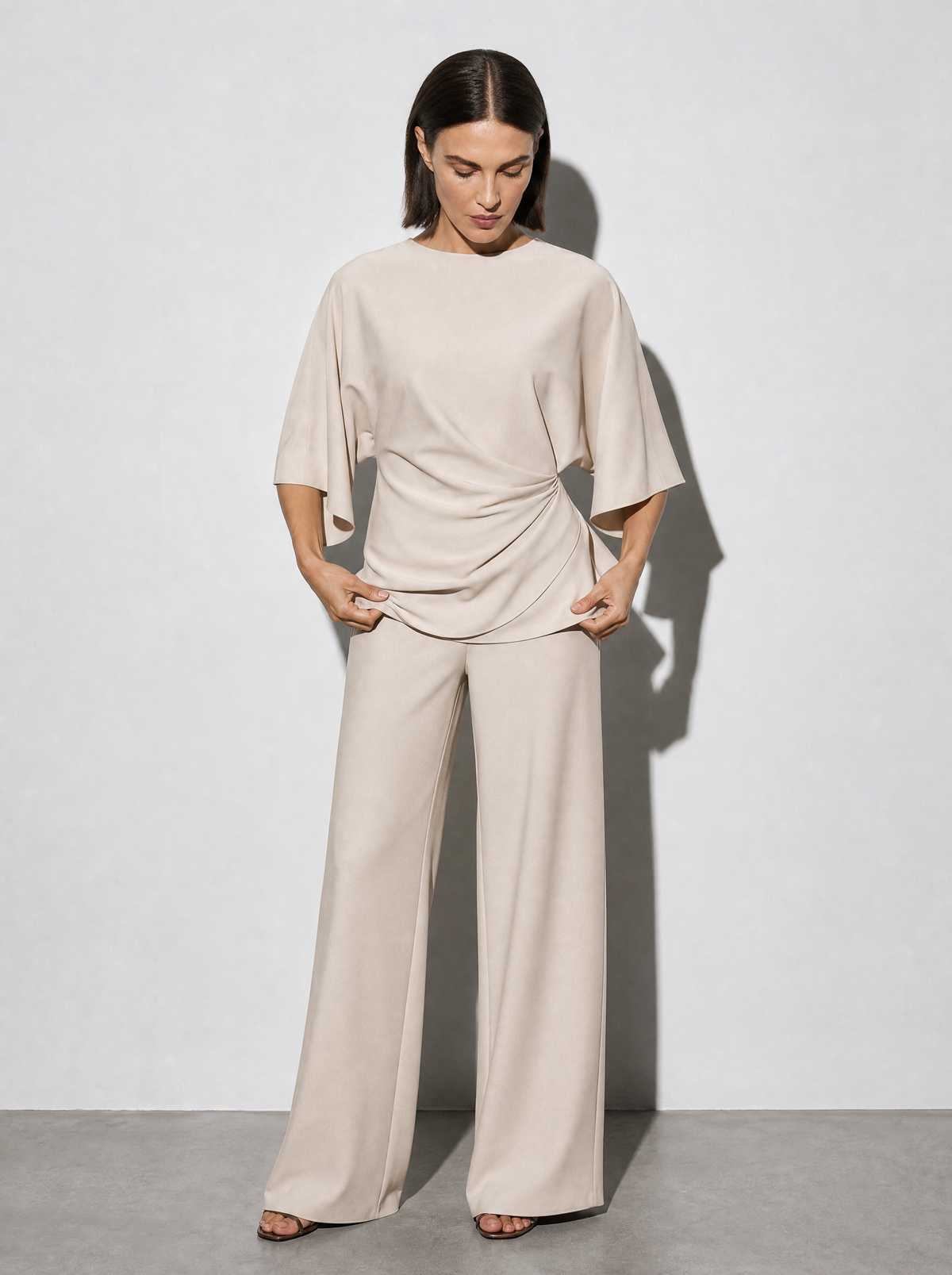 Relaxed-fit Top And High-waisted Wide-leg Pants Two-piece Set - Apricot Premium Fabric Finish Adjusting