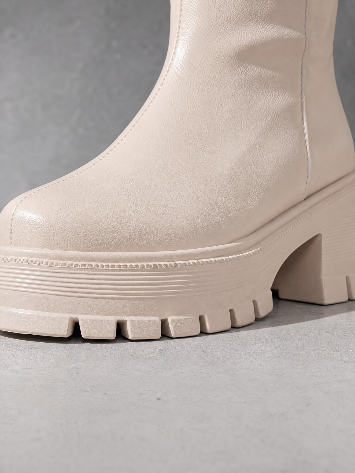 Plus-size Tall Boots With Thick Soles - Beige WL828 - lugged platform sole detail