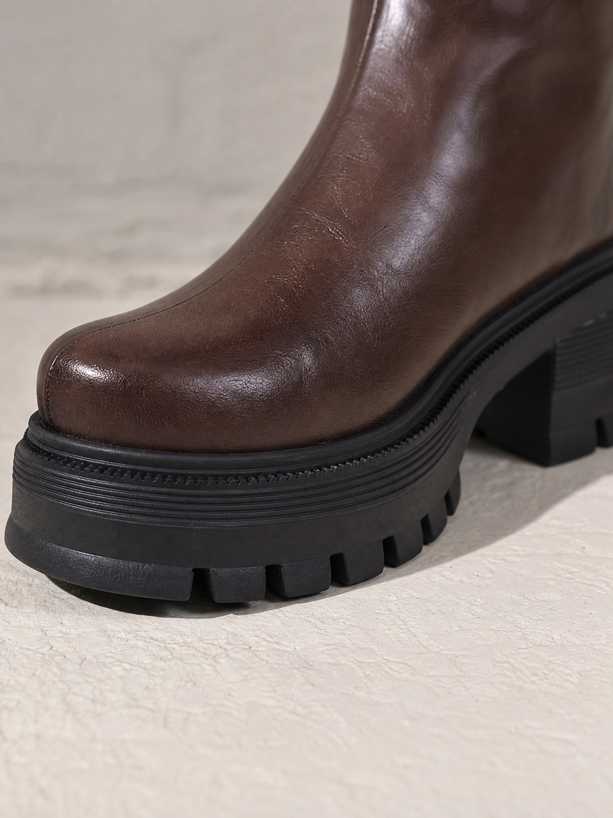 Plus-size Tall Boots With Thick Soles - Dark Brown WL828 - lugged platform sole detail