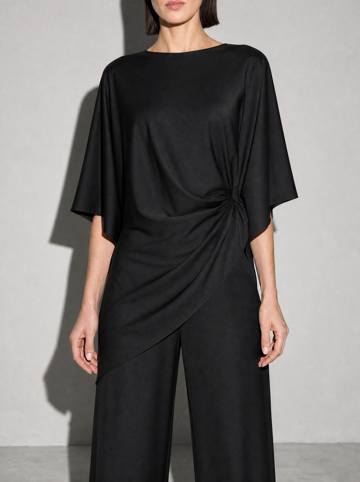 Relaxed-fit Top And High-waisted Wide-leg Pants Two-piece Set - Black Premium Fabric Finish Bust To Thigh