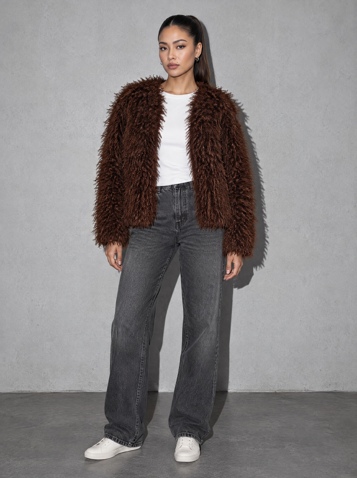Brown shaggy jacket — full body view, cool flash streetstyle