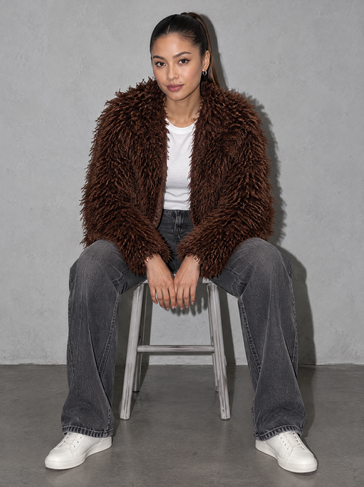 Brown shaggy jacket — seated view, cool flash streetstyle