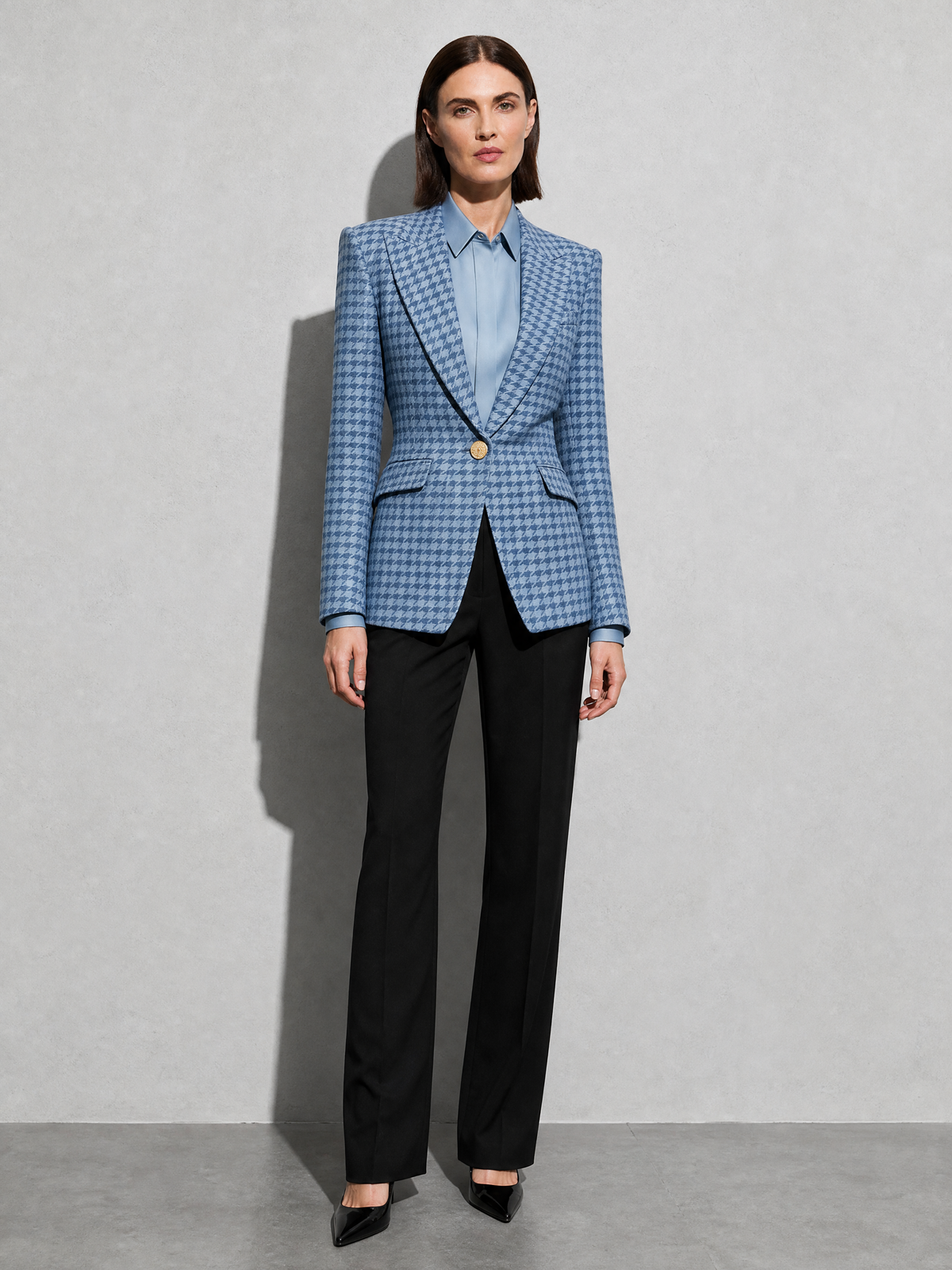 Women's Blazer Houndstooth Single Button in Blue — Side Profile View