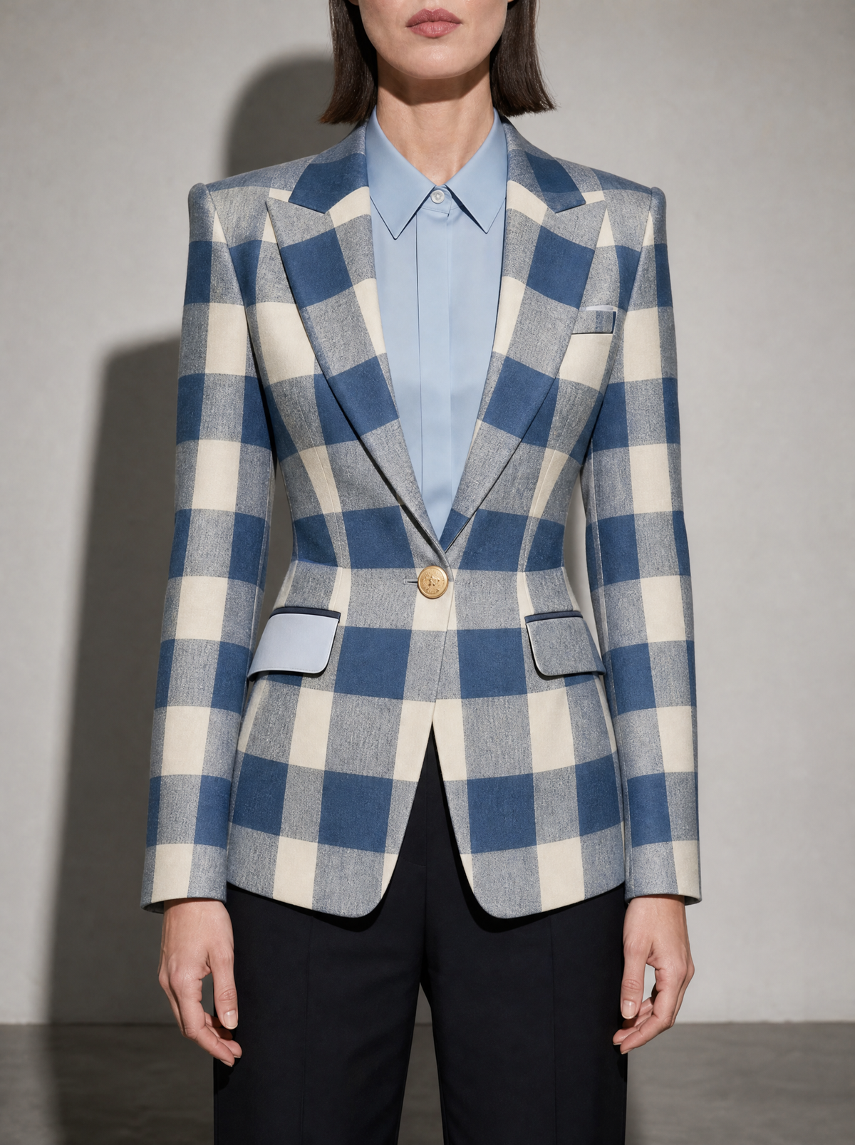 Women's Blazer Houndstooth Single Button in Blue — Mid-Length Torso Fit View