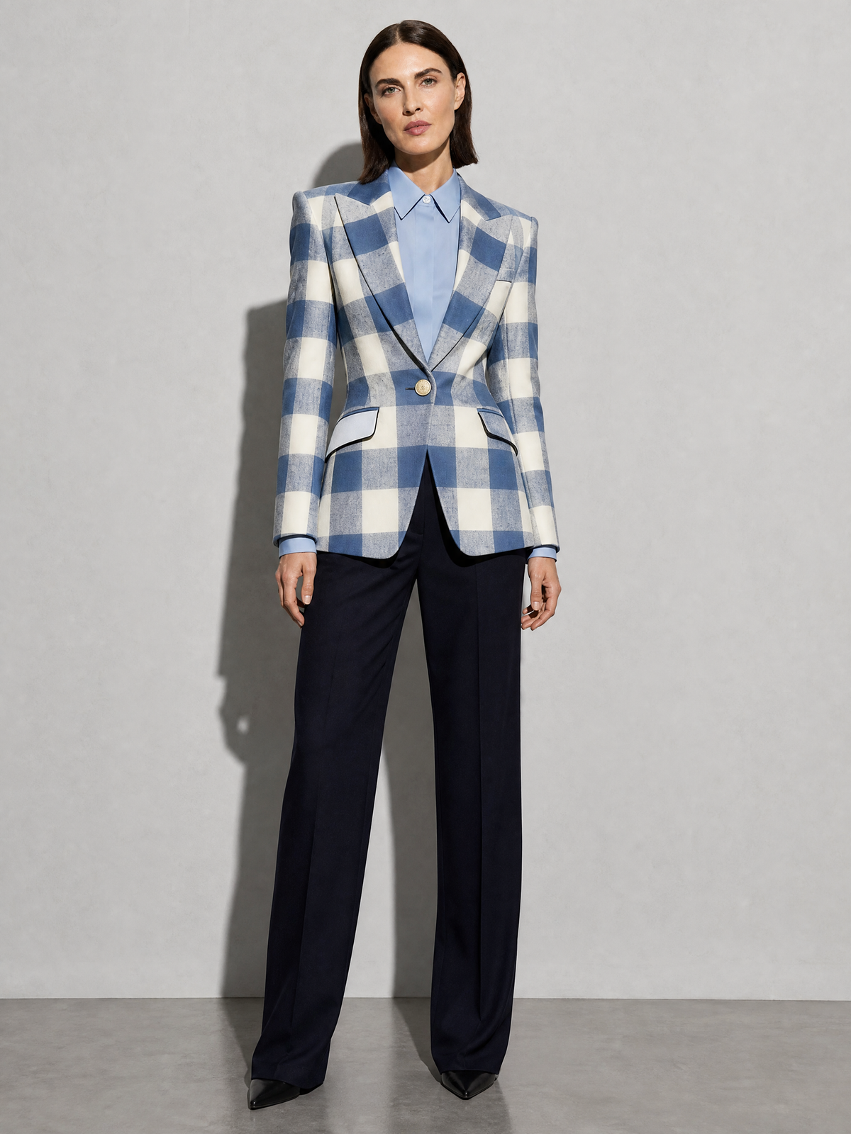 Women's Blazer Houndstooth Single Button in Blue — Fabric Texture & Material Detail
