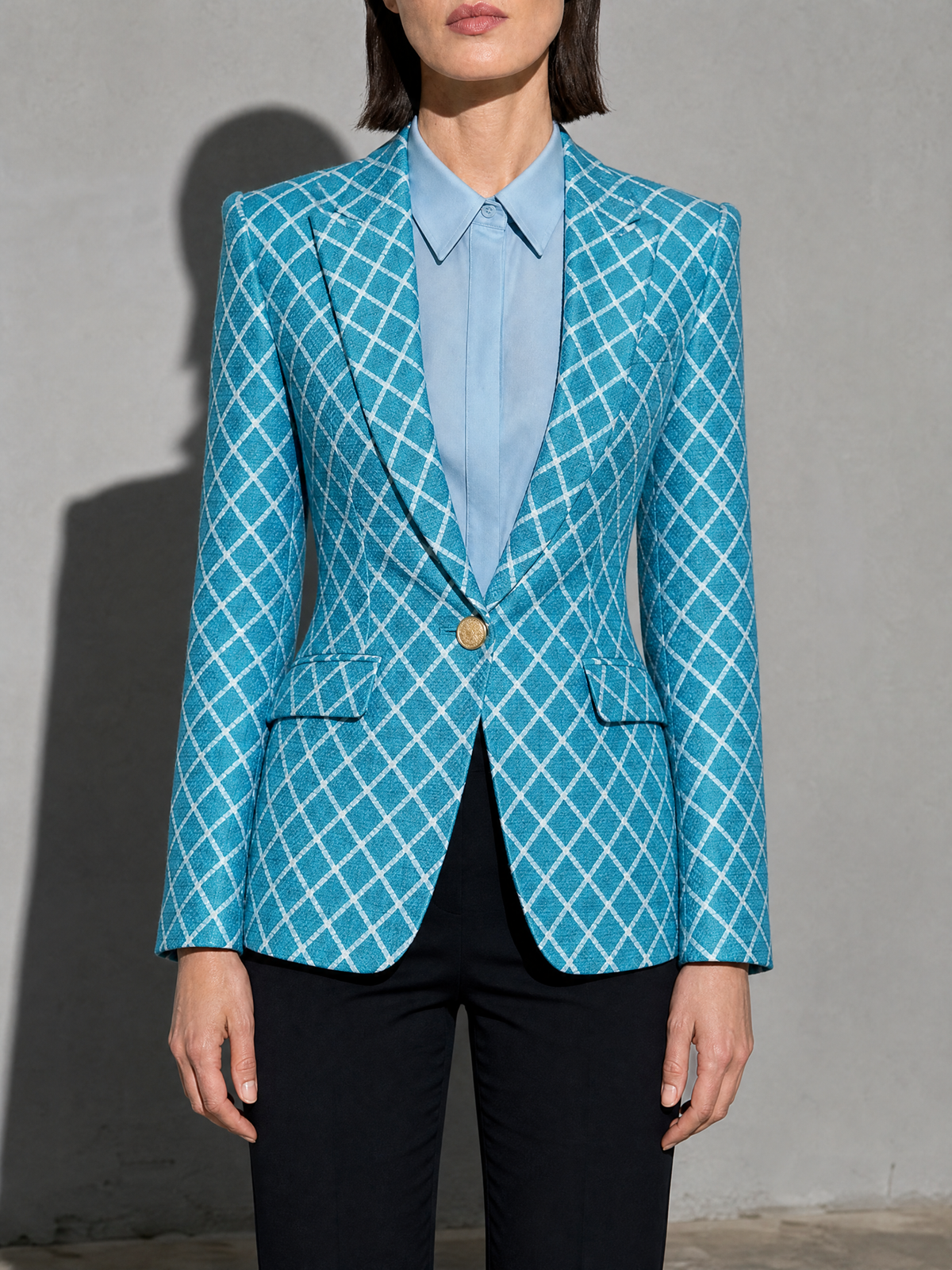 Women's Blazer Houndstooth Single Button in Blue — Mid-Length Torso Fit View