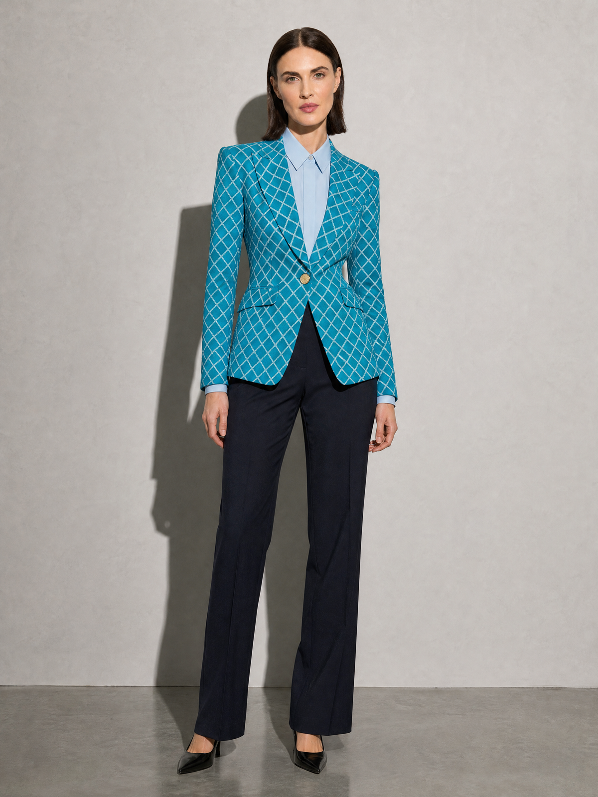 Women's Blazer Houndstooth Single Button in Blue — Full Length Model View