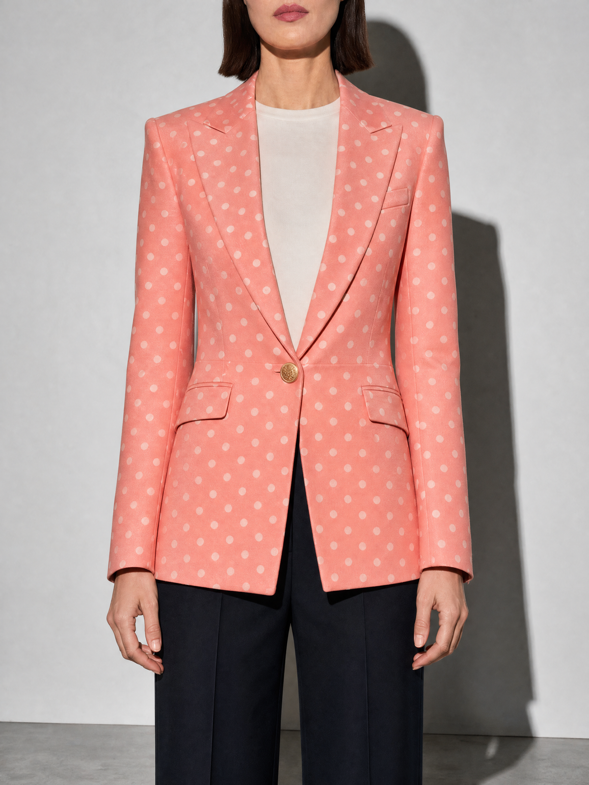 Women's Blazer Houndstooth Single Button in Pink — Mid-Length Torso Fit View